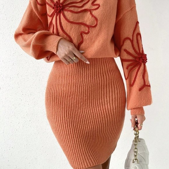 Orange Casual Womens Floral Pattern Mock Neck Drop Shoulder Sweater Dress - Picture 4 of 5